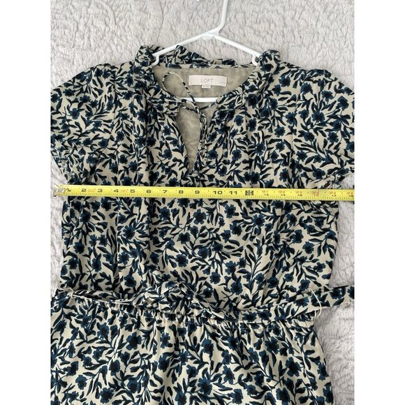 Loft Navy Blue and Stone Floral Short Sleeve Dress with Tie and Ruffels Sz MP - Picture 3 of 9